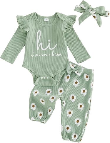 Tsnbre Newborn Baby Girl Fall Outfit Daddys Girl Long Sleeve Romper Bodysuit Daisy Print Pants Headband 0 3 6 9 12 Months in Kuwait