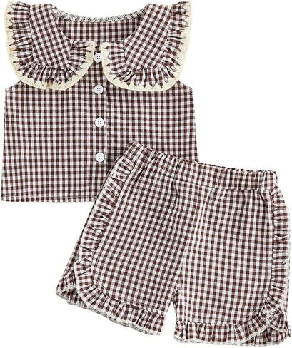 Toddler Girl Outfits Doll Collar Button Tank Top Shirts Ruffle Gingham Casual Shorts 2Pcs Summer Clothes 6M-4T in Kuwait