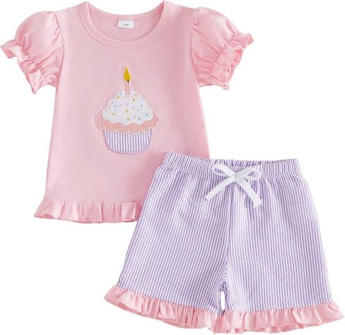 Toddler Girl Birthday Outfit Ruffle Embroidery Short Sleeve Tee and Shorts Little Kids 2PCS Summer Clothes in Kuwait