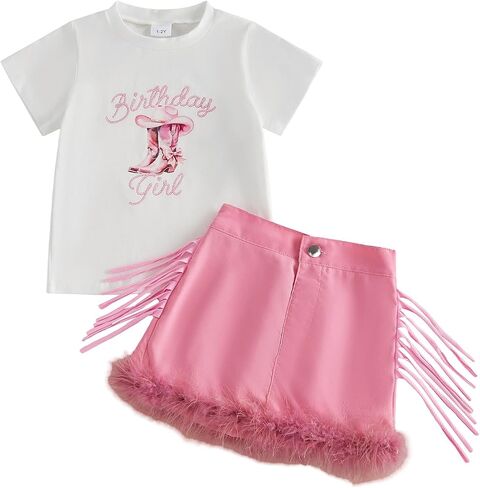 Gaono Toddler Baby Girls Birthday Outfit Western Cowgirl Boots Print Short Sleeve T-Shirt Tassel Feather Trim Mini Skirt Set in Kuwait