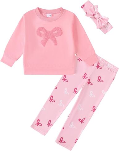 Renotemy Baby Girl Clothes Fall Winter Cute Toddler Girls Outfits 6M-4T | Long Sleeve Ribbed Sweatshirt And Pants Set,Toddler Girls Sweet Birthday Gifts,Cute BowHeadband Daily Holidays Clothting Set in Kuwait