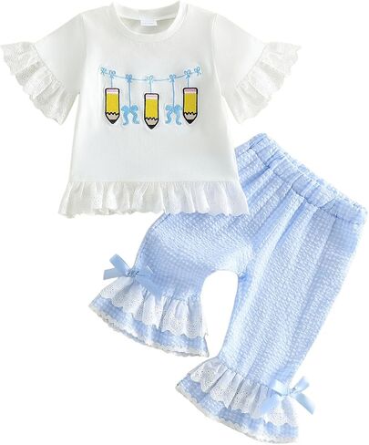 Kavousa Toddler Girl School Kindergarten Pre K Outfit Short Ruffle Sleeve Top and Plaid Flare Pants Set Baby Summer Clothes in Kuwait