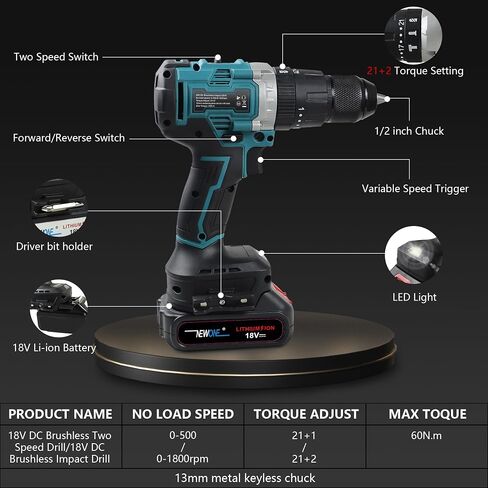 Cordless Impact Driver Kit with Bit Holder,18V MAX 1/2" Chuck Impact Drill,21 torque speed with additional hammer and impact functions,60 N.m Power,0-1800RPM,2 Batteries,41 Piece Impact Bit Set in Kuwait
