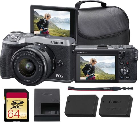 Canon EOS M6 Mark II Mirrorless Camera with 15-45mm Lens (Silver) Bundle | 32.5MP APS-C Sensor, Dual Pixel CMOS AF, 4K Video & High-Speed | for Travel & Content (3612C011) + 64GB Card + More in Kuwait