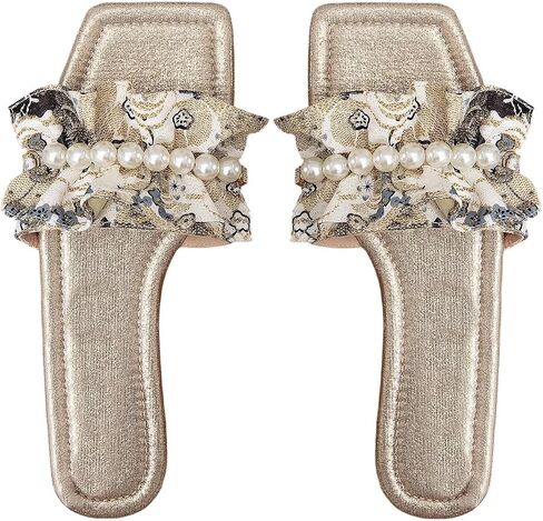 Verdusa Women's Ruffle Pearl Sandals Wedding Square Toe Slip on Slides Summer Slippers in Kuwait