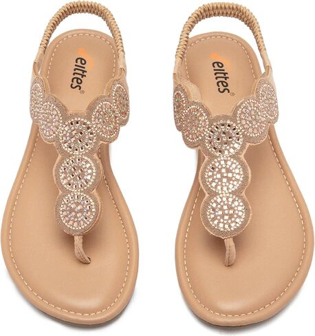 Veittes Women's Bohemian Bling Elastic Strap Slide Flat Sandals. | Casual Sparkly Flip-flops with Rhinestone jeweled,T-Strap, Lightweight & Comfortable Cushioned in Kuwait