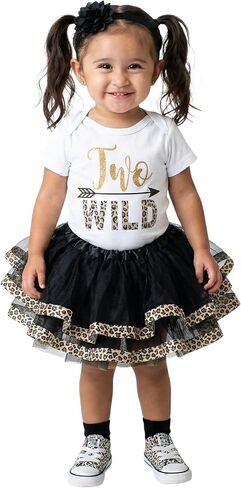 Luke and Lulu Two Wild 2nd Birthday Outfit for Girls – White Shirt with Black and Gold Skirt Dress – Cute Shirts for Toddlers in Kuwait