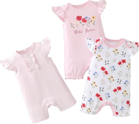 Newborn Baby Girls Clothes Infant Girl Romper Outfit 3-6 Months | Short Sleeve Baby Boy Summer Clothes Set,Newborn Boy Outfit,Soft,Breathable,Snap,Summer,Easter,Toddler Rompers,3 Pack in Kuwait