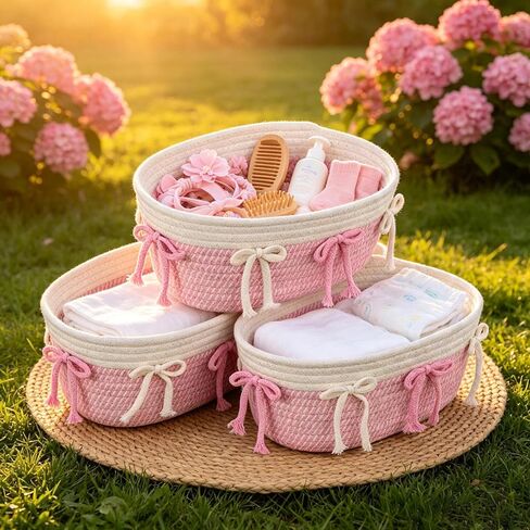 2-Pack Pink Woven Cotton Rope Baskets with Bows - Cute Basket for Coquette Aesthetic Storage Bins - Decorative Pink Gift Basket, Bow Gift Set for Nursery, Bathroom, Dorm,Makeup in Kuwait