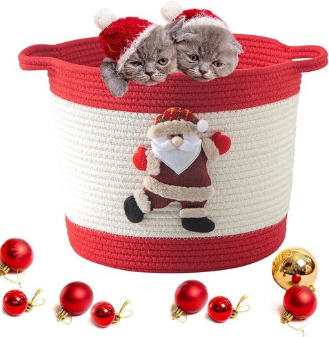 Christmas Basket with Santa Claus Doll, Woven Cotton Rope Christmas Storage Basket with Handles, Christmas Toy Baskets for Towels, Diapers, Red in Kuwait