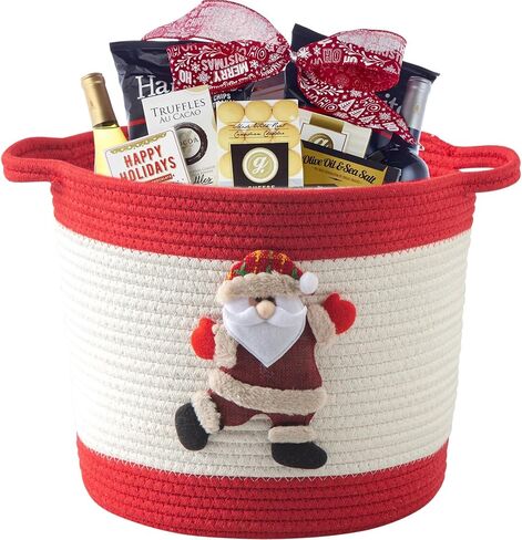 Christmas Basket with Santa Claus Doll, Woven Cotton Rope Christmas Storage Basket with Handles, Christmas Toy Baskets for Towels, Diapers, Red in Kuwait