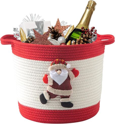 Christmas Basket with Santa Claus Doll, Woven Cotton Rope Christmas Storage Basket with Handles, Christmas Toy Baskets for Towels, Diapers, Red in Kuwait