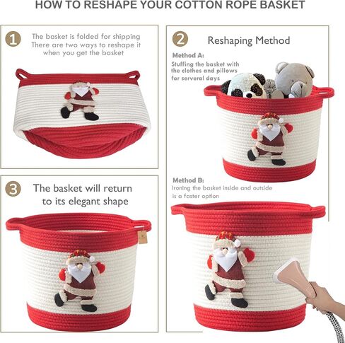 Christmas Basket with Santa Claus Doll, Woven Cotton Rope Christmas Storage Basket with Handles, Christmas Toy Baskets for Towels, Diapers, Red in Kuwait