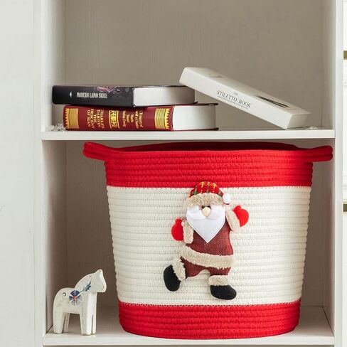 Christmas Basket with Santa Claus Doll, Woven Cotton Rope Christmas Storage Basket with Handles, Christmas Toy Baskets for Towels, Diapers, Red in Kuwait