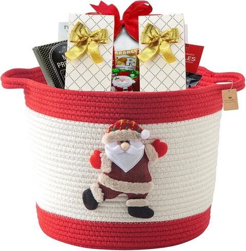 Christmas Basket with Santa Claus Doll, Woven Cotton Rope Christmas Storage Basket with Handles, Christmas Toy Baskets for Towels, Diapers, Red in Kuwait