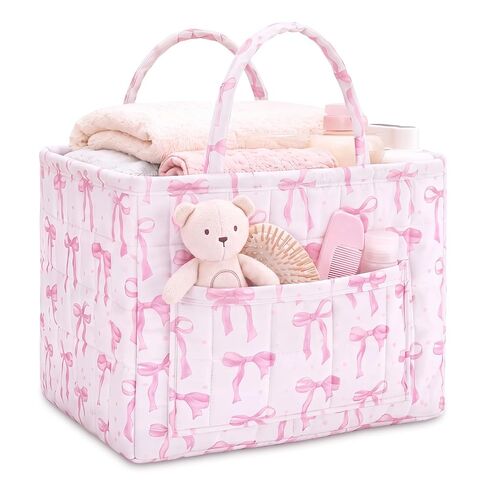 Yookeer Pink Bow Quilted Storage Basket Coquette Print Fabric Organizer Bin with Handle Large Collapsible Tote Bag for Nursery Bathroom Bedroom Diaper Storage Home Decor 13"x11"x10.6" in Kuwait