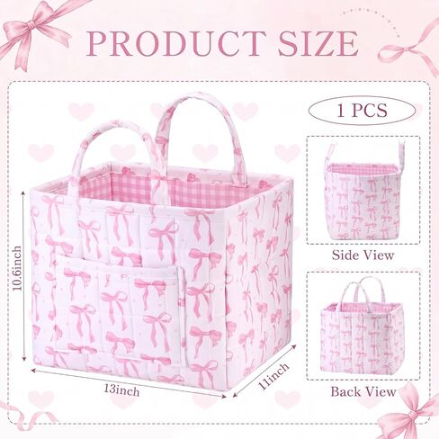 Yookeer Pink Bow Quilted Storage Basket Coquette Print Fabric Organizer Bin with Handle Large Collapsible Tote Bag for Nursery Bathroom Bedroom Diaper Storage Home Decor 13"x11"x10.6" in Kuwait
