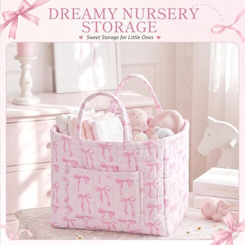 Yookeer Pink Bow Quilted Storage Basket Coquette Print Fabric Organizer Bin with Handle Large Collapsible Tote Bag for Nursery Bathroom Bedroom Diaper Storage Home Decor 13"x11"x10.6" in Kuwait