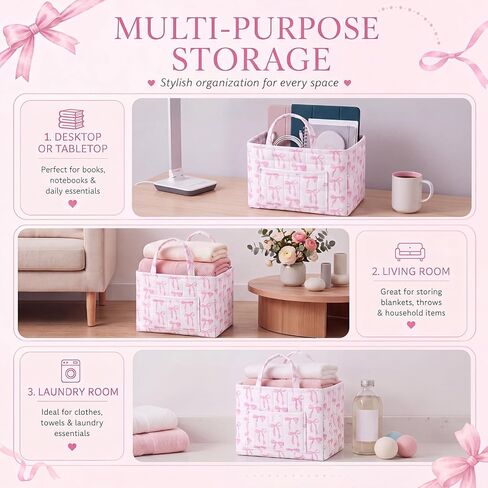 Yookeer Pink Bow Quilted Storage Basket Coquette Print Fabric Organizer Bin with Handle Large Collapsible Tote Bag for Nursery Bathroom Bedroom Diaper Storage Home Decor 13"x11"x10.6" in Kuwait