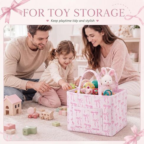 Yookeer Pink Bow Quilted Storage Basket Coquette Print Fabric Organizer Bin with Handle Large Collapsible Tote Bag for Nursery Bathroom Bedroom Diaper Storage Home Decor 13"x11"x10.6" in Kuwait