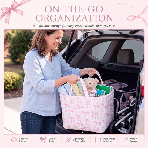 Yookeer Pink Bow Quilted Storage Basket Coquette Print Fabric Organizer Bin with Handle Large Collapsible Tote Bag for Nursery Bathroom Bedroom Diaper Storage Home Decor 13"x11"x10.6" in Kuwait