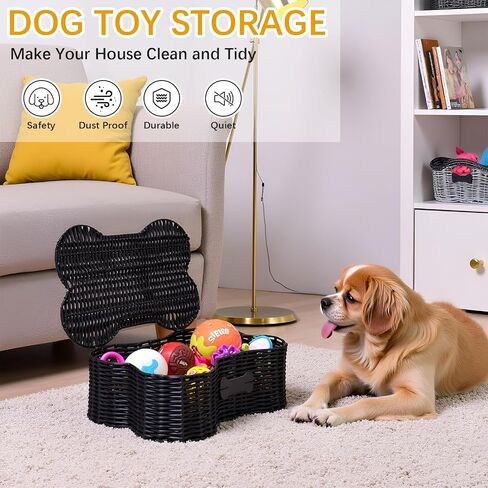 Morezi Dog toy basket bin box with lid bone shape designed personalized great for organizing chew toys leashes clothing in living room area for pet dogs cats breeds in Kuwait