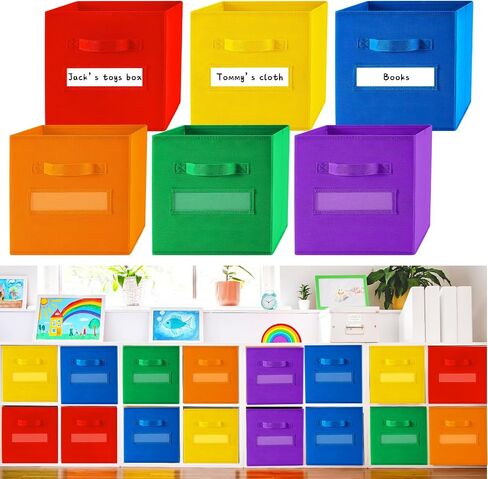 FillTouch 18pcs 11 Inch Fabric Storage Cubes Sturdy Colorful Cube Storage Bins with Label Window Handle Foldable Baskets for Kids Organizing Clothes, Toys, Books(School Color) in Kuwait