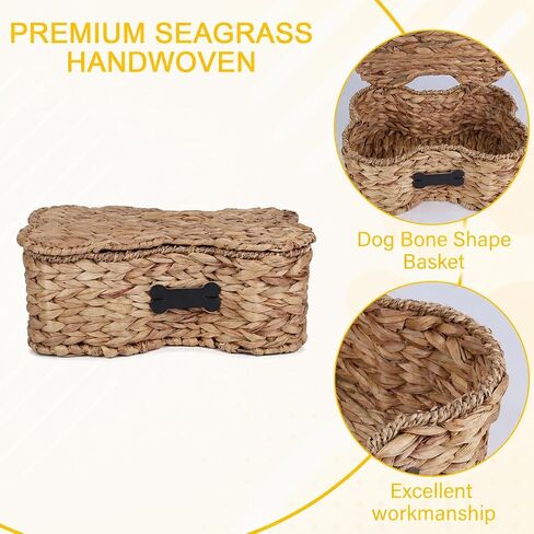 Pethiy Dog Toy Basket with Lid, Woven Water Hyacinth Pet Toy Storage, Seagrass Edge Dog Toys Organizer Bone Shape Basket Toy Box for Dogs Bone Shaped Basket in Kuwait