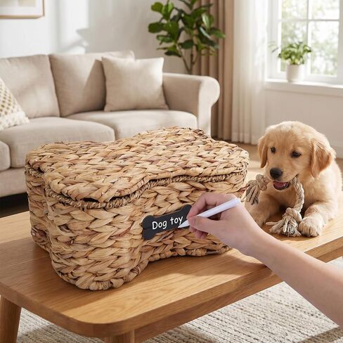 Pethiy Dog Toy Basket with Lid, Woven Water Hyacinth Pet Toy Storage, Seagrass Edge Dog Toys Organizer Bone Shape Basket Toy Box for Dogs Bone Shaped Basket in Kuwait
