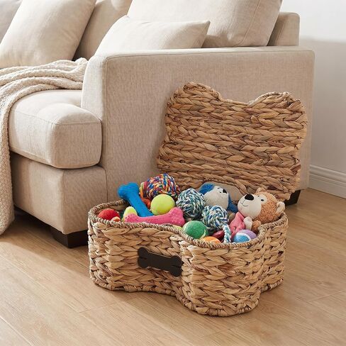Pethiy Dog Toy Basket with Lid, Woven Water Hyacinth Pet Toy Storage, Seagrass Edge Dog Toys Organizer Bone Shape Basket Toy Box for Dogs Bone Shaped Basket in Kuwait