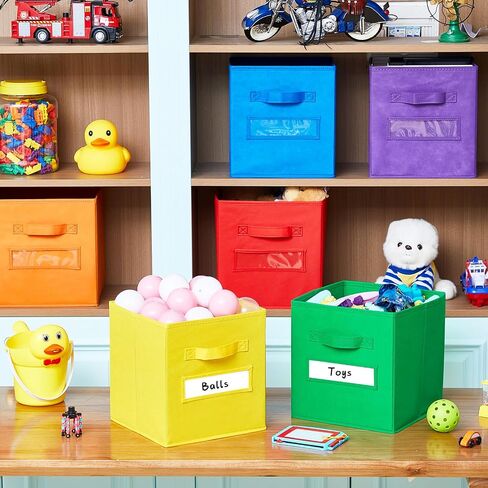 FillTouch 18pcs 11 Inch Fabric Storage Cubes Sturdy Colorful Cube Storage Bins with Label Window Handle Foldable Baskets for Kids Organizing Clothes, Toys, Books(School Color) in Kuwait