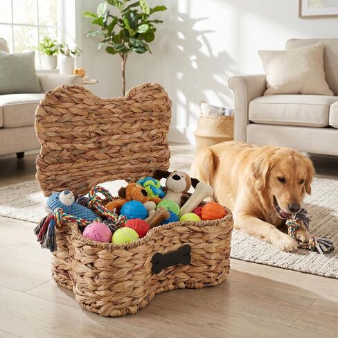 Pethiy Dog Toy Basket with Lid, Woven Water Hyacinth Pet Toy Storage, Seagrass Edge Dog Toys Organizer Bone Shape Basket Toy Box for Dogs Bone Shaped Basket in Kuwait