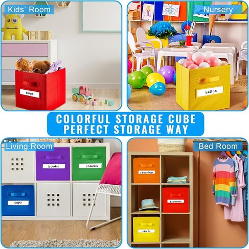 FillTouch 18pcs 11 Inch Fabric Storage Cubes Sturdy Colorful Cube Storage Bins with Label Window Handle Foldable Baskets for Kids Organizing Clothes, Toys, Books(School Color) in Kuwait