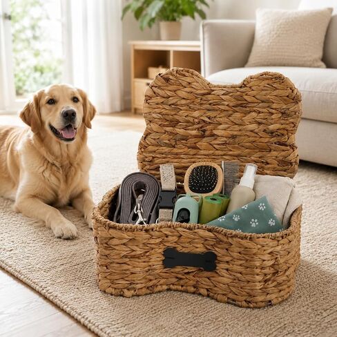 Pethiy Dog Toy Basket with Lid, Woven Water Hyacinth Pet Toy Storage, Seagrass Edge Dog Toys Organizer Bone Shape Basket Toy Box for Dogs Bone Shaped Basket in Kuwait