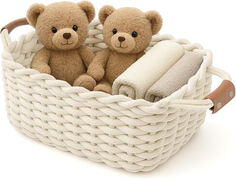 Cotton Rope Storage Basket with Leather Handles | Woven Nursery Organizer Bin for Diapers, Wipes and Baby Essentials, Foldable in Kuwait