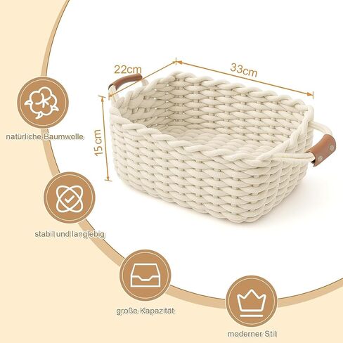 Cotton Rope Storage Basket with Leather Handles | Woven Nursery Organizer Bin for Diapers, Wipes and Baby Essentials, Foldable in Kuwait