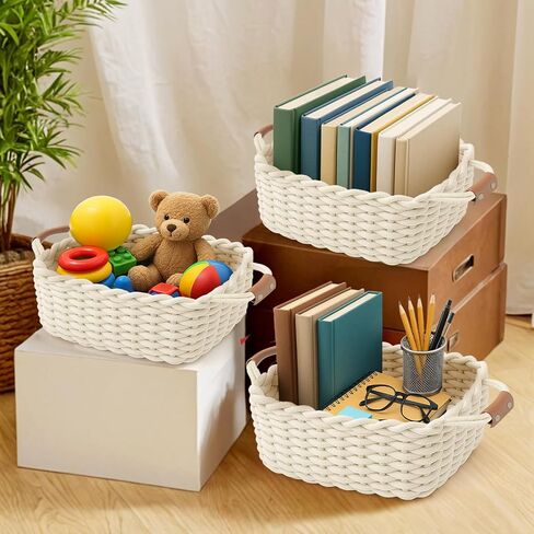 Cotton Rope Storage Basket with Leather Handles | Woven Nursery Organizer Bin for Diapers, Wipes and Baby Essentials, Foldable in Kuwait