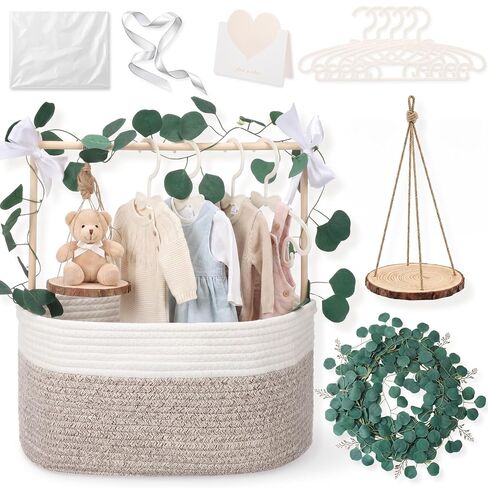 Colingmill Large Baby Shower Basket, Baby Crate Closet for Boys & Girls, Woven Basket with Gag Ribbon, Hangers, Garland, Greeting Card Welcome Gifts Baskets for Newborn and New Parents in Kuwait
