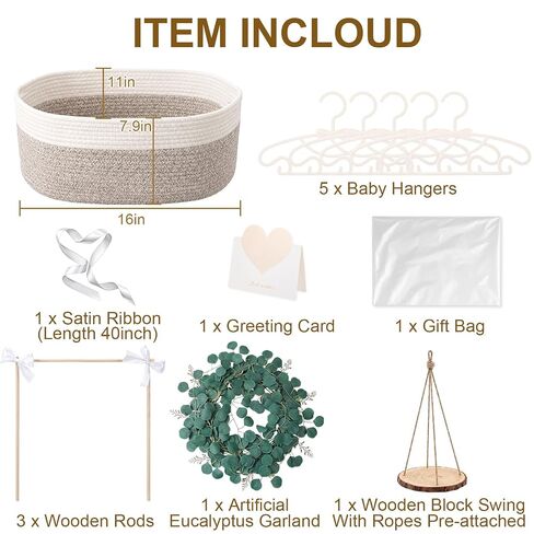 Colingmill Large Baby Shower Basket, Baby Crate Closet for Boys & Girls, Woven Basket with Gag Ribbon, Hangers, Garland, Greeting Card Welcome Gifts Baskets for Newborn and New Parents in Kuwait
