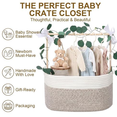 Colingmill Large Baby Shower Basket, Baby Crate Closet for Boys & Girls, Woven Basket with Gag Ribbon, Hangers, Garland, Greeting Card Welcome Gifts Baskets for Newborn and New Parents in Kuwait