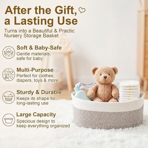 Colingmill Large Baby Shower Basket, Baby Crate Closet for Boys & Girls, Woven Basket with Gag Ribbon, Hangers, Garland, Greeting Card Welcome Gifts Baskets for Newborn and New Parents in Kuwait
