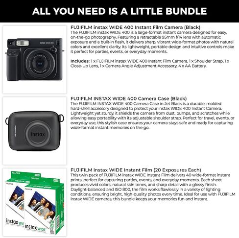 FUJIFILM Instax Wide 400 Instant Print Camera Bundle with Case & Film Kit | Bundle Includes black protective case and two packs of Instax Wide color film (40 exposures), Retractable 95mm f/14 lens in Kuwait