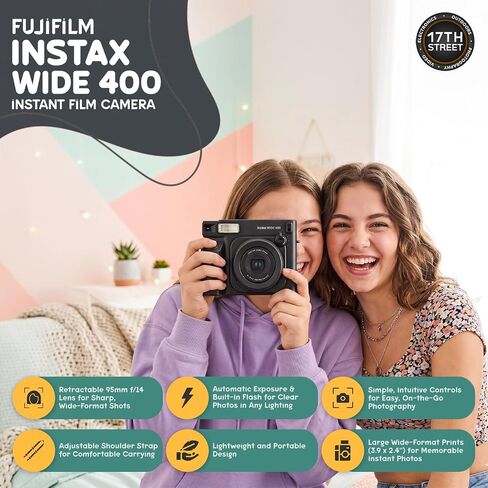 FUJIFILM Instax Wide 400 Instant Print Camera Bundle with Case & Film Kit | Bundle Includes black protective case and two packs of Instax Wide color film (40 exposures), Retractable 95mm f/14 lens in Kuwait