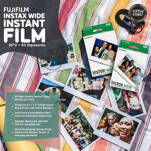 FUJIFILM Instax Wide 400 Instant Print Camera Bundle with Case & Film Kit | Bundle Includes black protective case and two packs of Instax Wide color film (40 exposures), Retractable 95mm f/14 lens in Kuwait