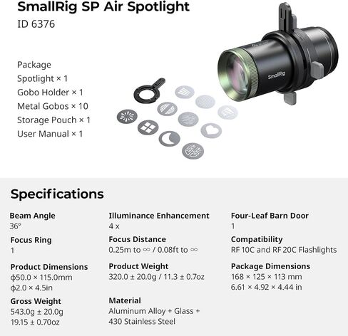 SmallRig SP Air Spotlight, 36° Optical Projection Lens, 4X Brightness, Built-in Framing Shutters, a GOBO Holder & 10 Metal Gobos, Snoot Photography Attachment Only for RF 10C/20C Flashlight - 6376 in Kuwait