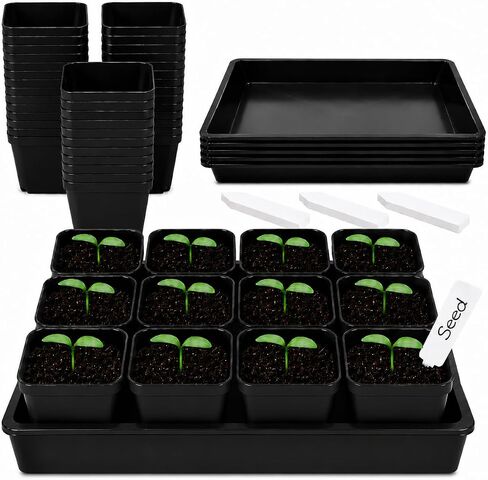 60pcs 3.5 inch Plastic Nursery Pots and 5 Pack Seedling Tray | Lightweight Slim Planter Set, Round Seed Starter Pot, Drainage Holes, Plant Labels, Indoor, Outdoor, Space-Saving, Stackable in Kuwait