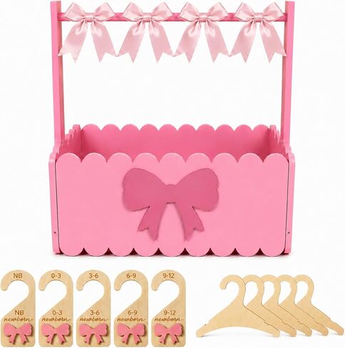 Pink Bow Wooden Baby Shower Crate Closet Charming Storage Basket with 5 Hangers 5 Bow Dividers 4 DIY Bows Easy Assembly Storage Crate Hamper Gifts for Baby Shower Pregnancy in Kuwait