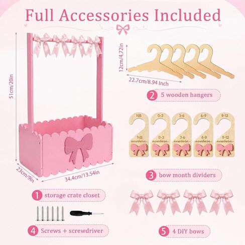 Pink Bow Wooden Baby Shower Crate Closet Charming Storage Basket with 5 Hangers 5 Bow Dividers 4 DIY Bows Easy Assembly Storage Crate Hamper Gifts for Baby Shower Pregnancy in Kuwait