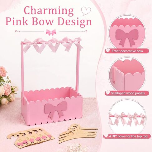 Pink Bow Wooden Baby Shower Crate Closet Charming Storage Basket with 5 Hangers 5 Bow Dividers 4 DIY Bows Easy Assembly Storage Crate Hamper Gifts for Baby Shower Pregnancy in Kuwait