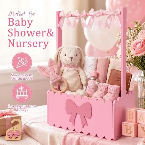 Pink Bow Wooden Baby Shower Crate Closet Charming Storage Basket with 5 Hangers 5 Bow Dividers 4 DIY Bows Easy Assembly Storage Crate Hamper Gifts for Baby Shower Pregnancy in Kuwait